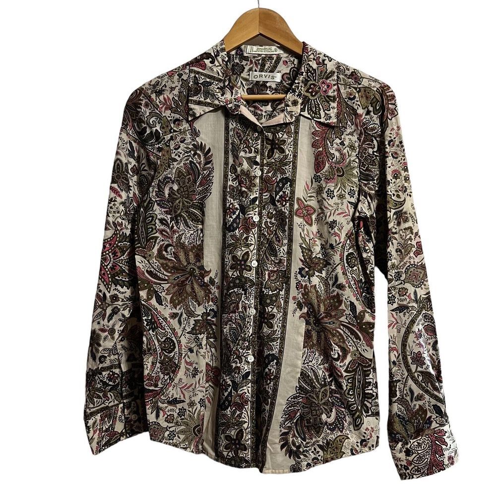 Orvis purple paisley floral long‎ sleeve button down top Size 8